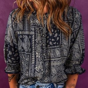 B089 Navy Blue Vintage Boho Paisley Print 3/4 Sleeve Blouse